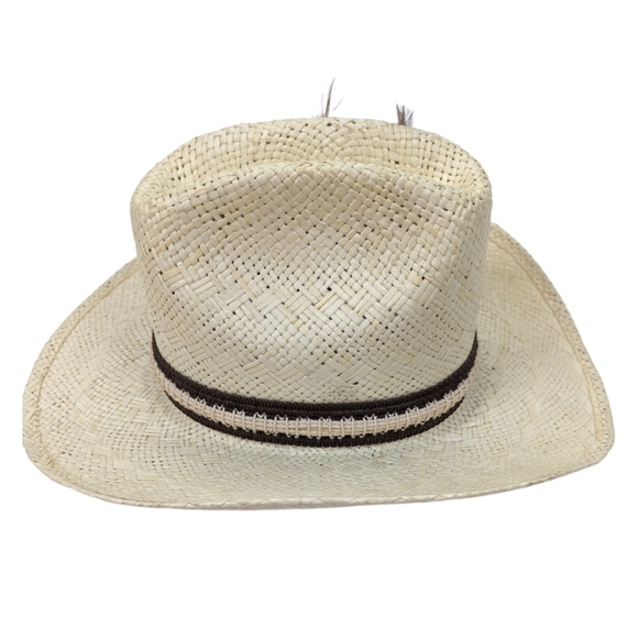 Biltmore Western Cowboy Hat Straw Feather Leather Band 7 1/8 57 cm Ivory Brown - Picture 4 of 13